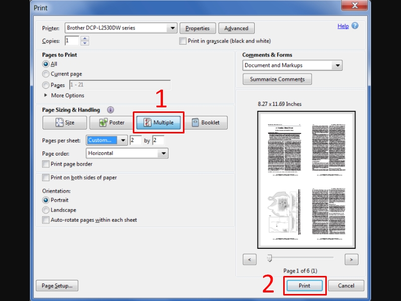 Chọn Multiple để in nhiều trang PDF trên 1 tờ giấy A4